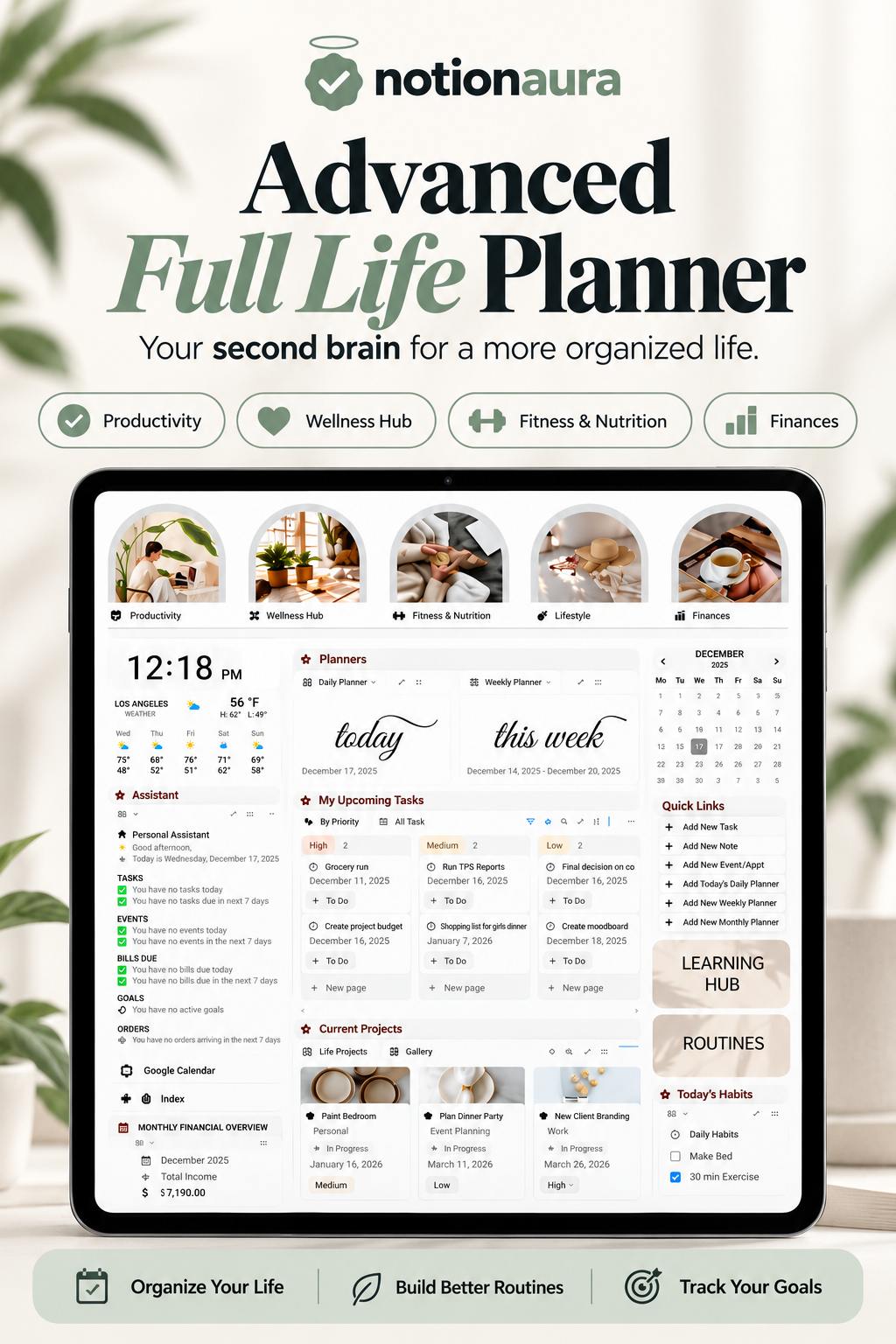 Aura Life OS Notion dashboard shown on a tablet, with sections for productivity, wellness, fitness and finances
