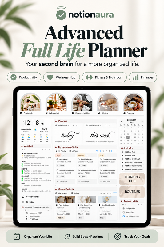 Aura Life OS Notion dashboard shown on a tablet, with sections for productivity, wellness, fitness and finances